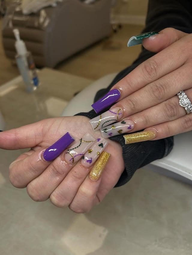 1. Purple and Gold Square Mardi Gras Nails - mardi gras nail ideas