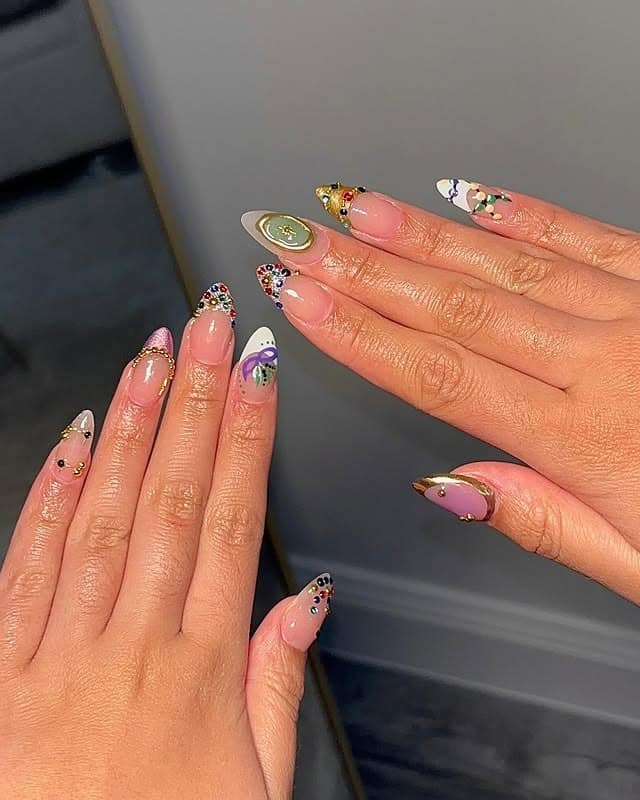 3. Pink and Gold Embellished Mardi Gras Nails - mardi gras nail ideas