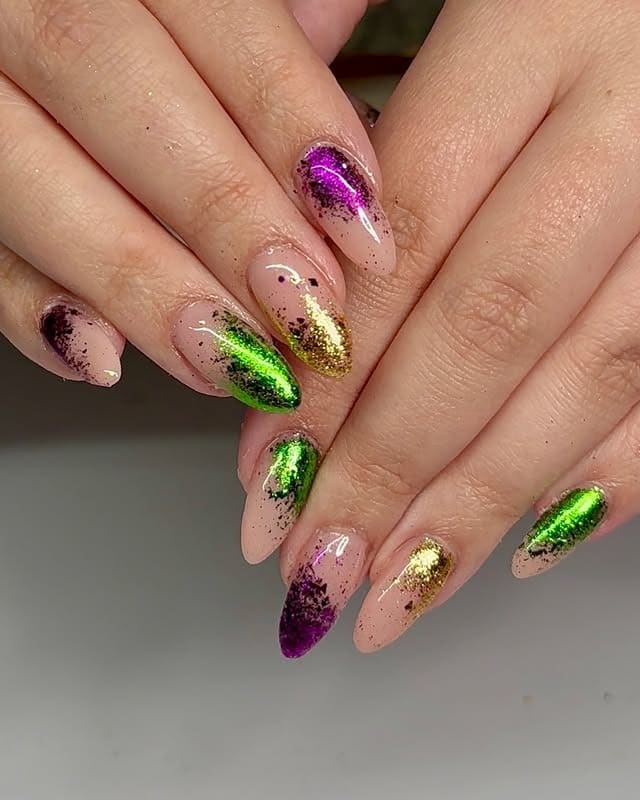 4. Purple, Green, and Gold Chrome Almond Nails - mardi gras nail ideas
