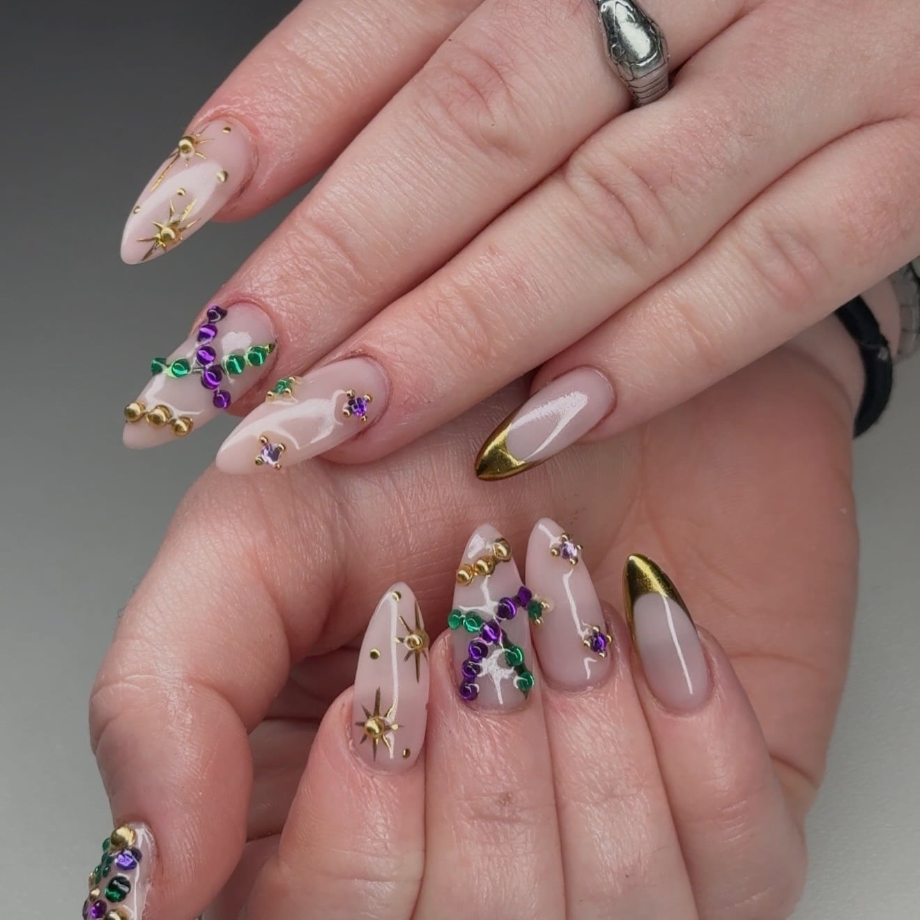 5. Nude and Gold Mardi Gras Jewel Nails - mardi gras nail ideas