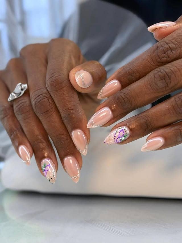 6. Nude and Silver Mardi Gras French Tip Nails - mardi gras nail ideas
