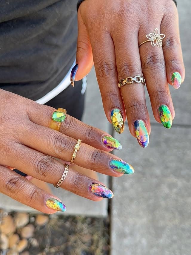 7. Rainbow Chrome Mardi Gras Almond Nails - mardi gras nail ideas