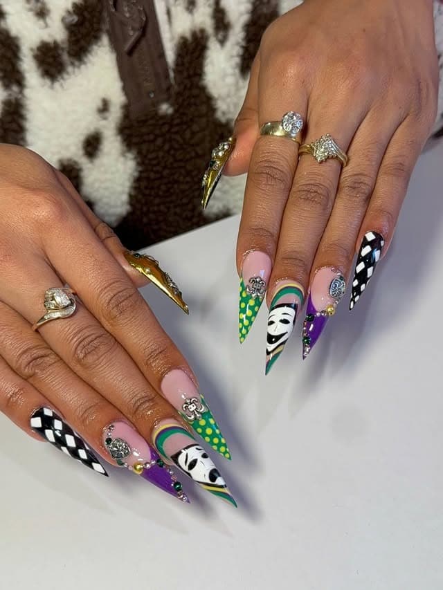 8. Purple, Green, and Gold Stiletto Mardi Gras Mask Nails - mardi gras nail ideas