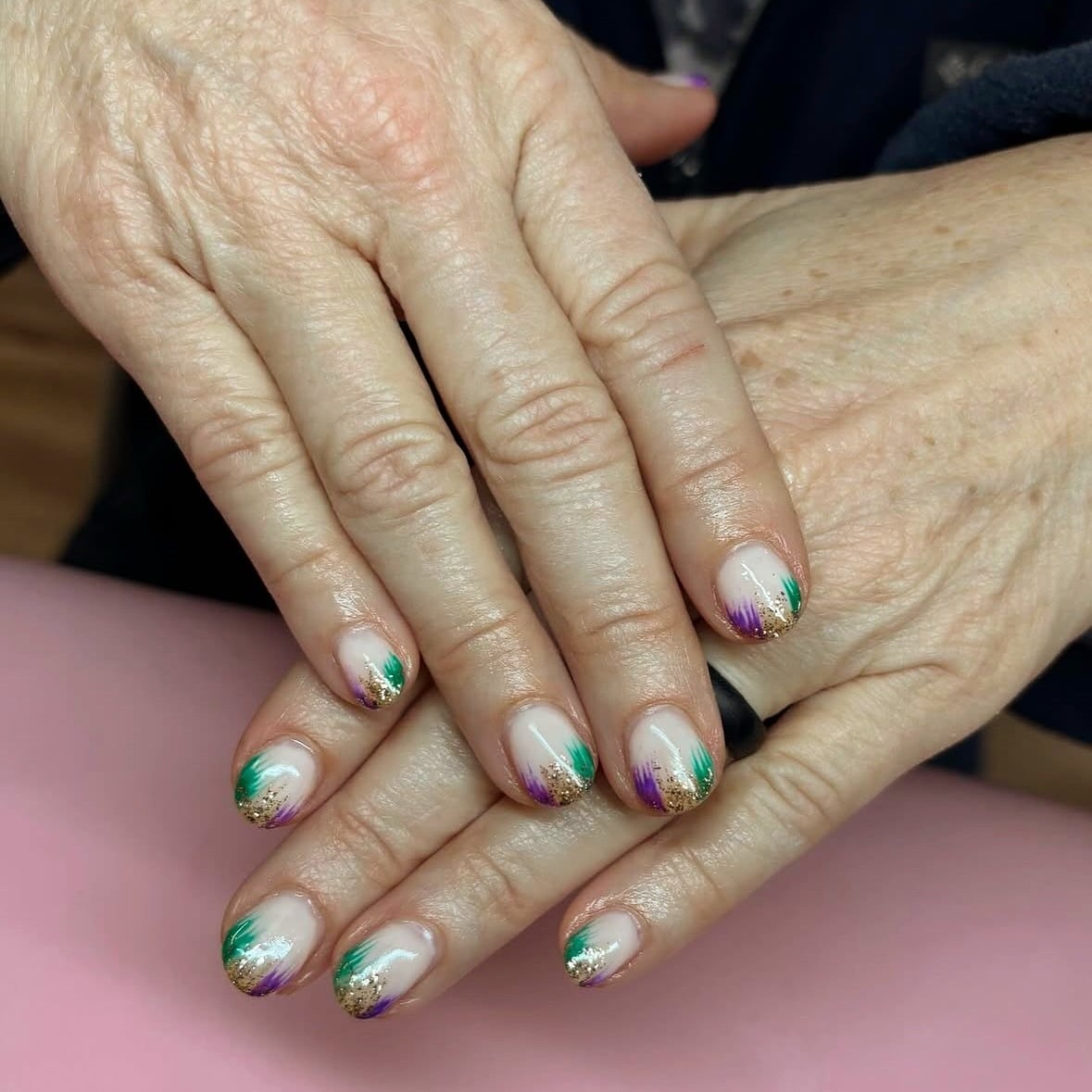9. Purple and Green Glitter Short Mardi Gras Nails - mardi gras nail ideas