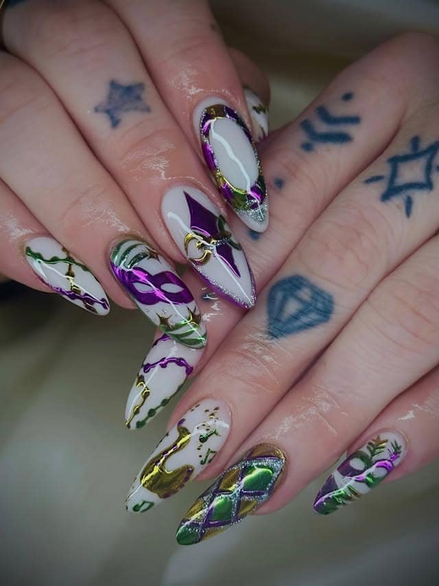 10. Purple and Green Masquerade Stiletto Nails - mardi gras nail ideas