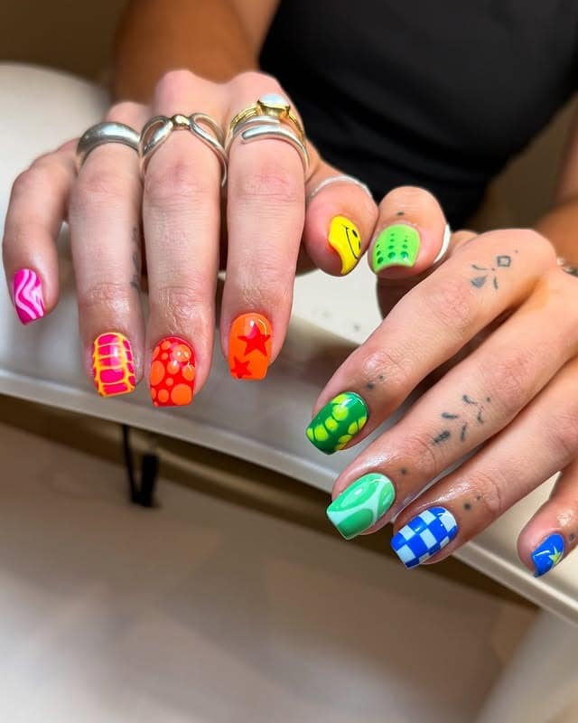 11. Neon Rainbow Short Square Mardi Gras Nails - mardi gras nail ideas