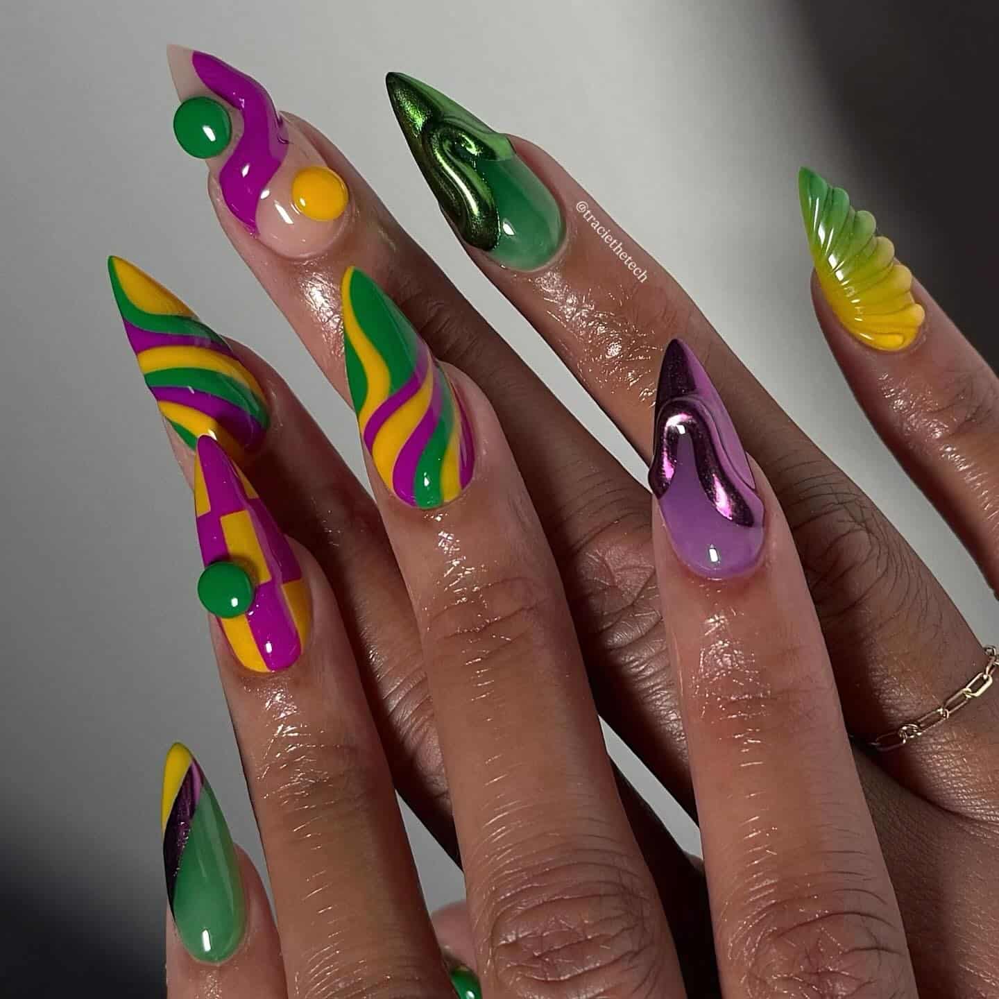12. Purple, Green, and Yellow 3D Stiletto Mardi Gras Nails - mardi gras nail ideas