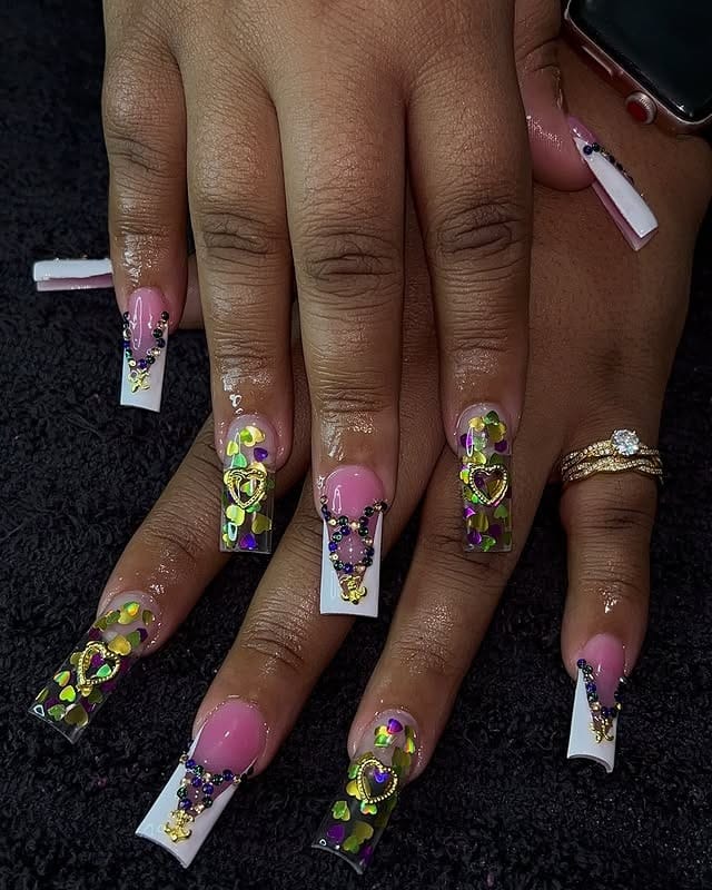 13. Pink and Gold Jeweled Square Mardi Gras Nails - mardi gras nail ideas