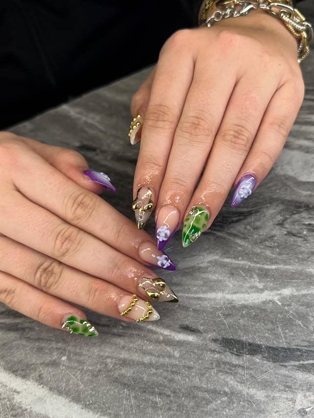 14. Purple and Green Floral Almond Mardi Gras Nails - mardi gras nail ideas