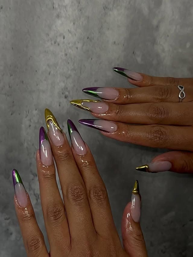 15. Purple, Green, and Gold Chrome Stiletto French Nails - mardi gras nail ideas