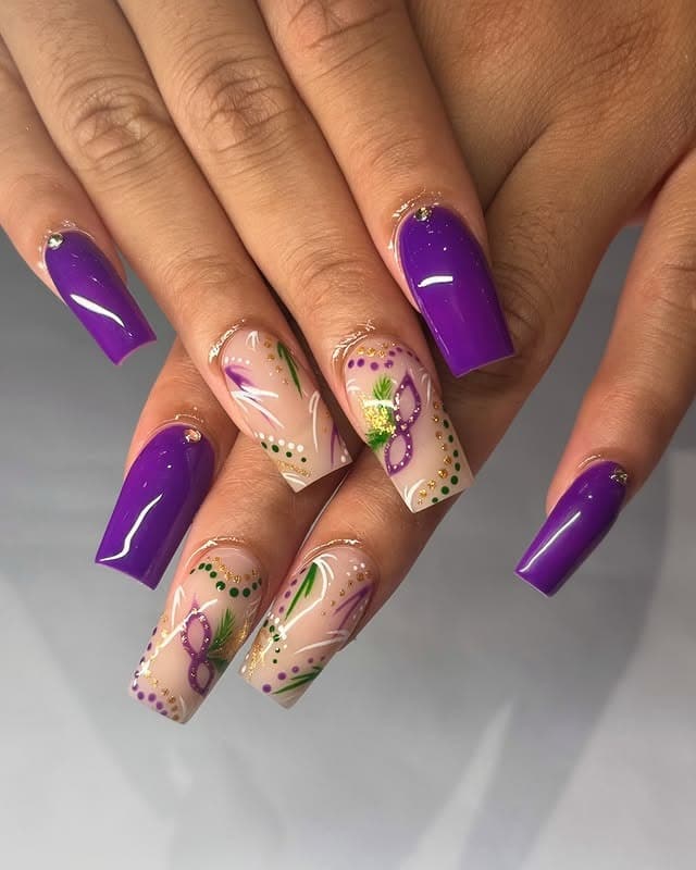 16. Purple and Gold Masquerade Square Mardi Gras Nails - mardi gras nail ideas