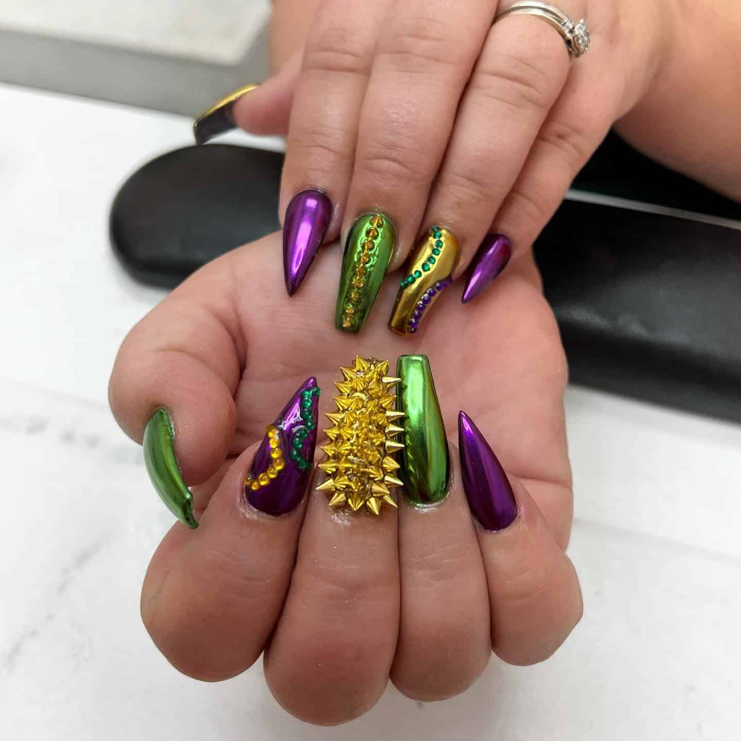 17. Purple, Green, and Gold Chrome Coffin Mardi Gras Nails - mardi gras nail ideas