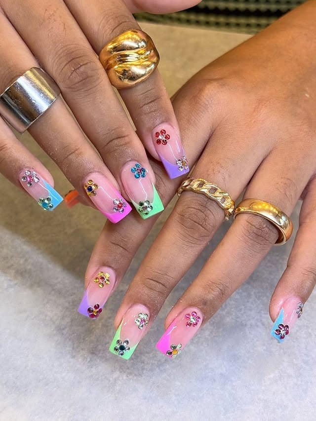 18. Pastel Rainbow Rhinestone Square Mardi Gras Nails - mardi gras nail ideas