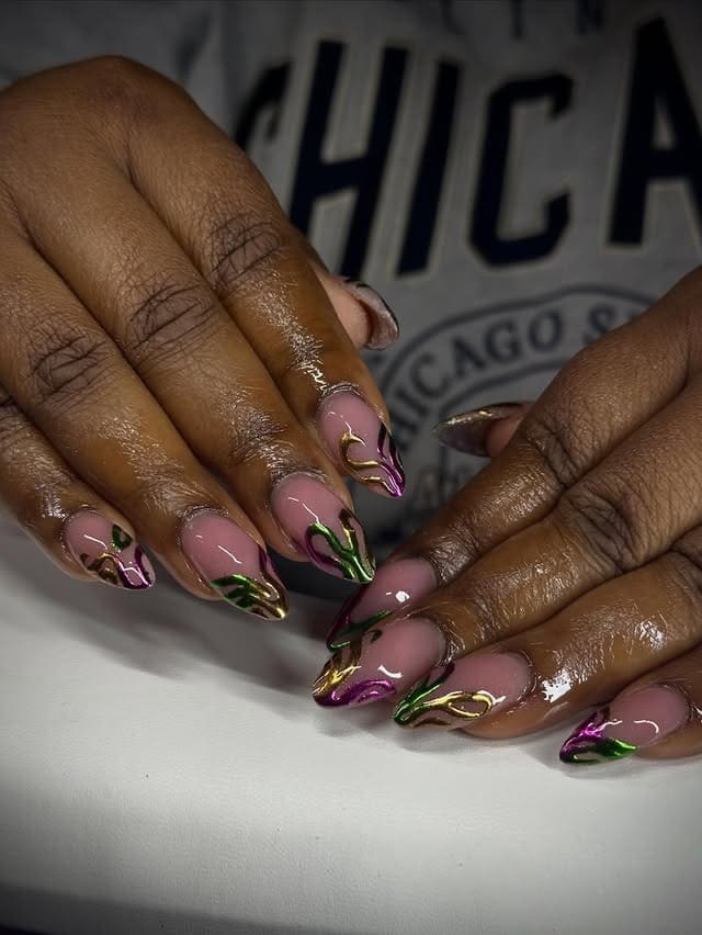 19. Purple and Green Metallic Swirl Almond Mardi Gras Nails - mardi gras nail ideas