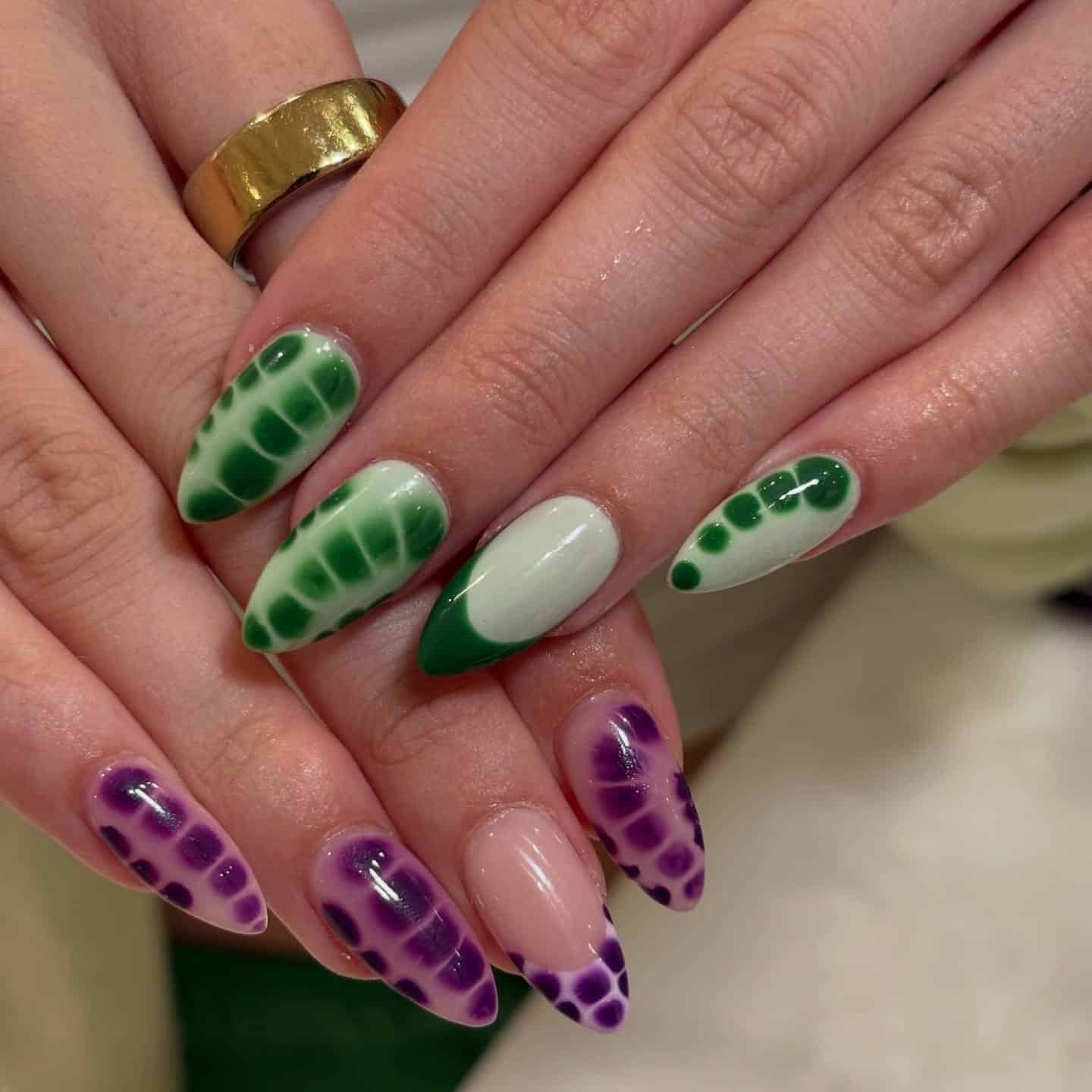 22. Purple and Green Crocodile Print Almond Mardi Gras Nails - mardi gras nail ideas
