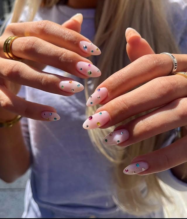 4. Minimalist Nude Almond Nails with Colorful Rhinestones - nail ideas with gems