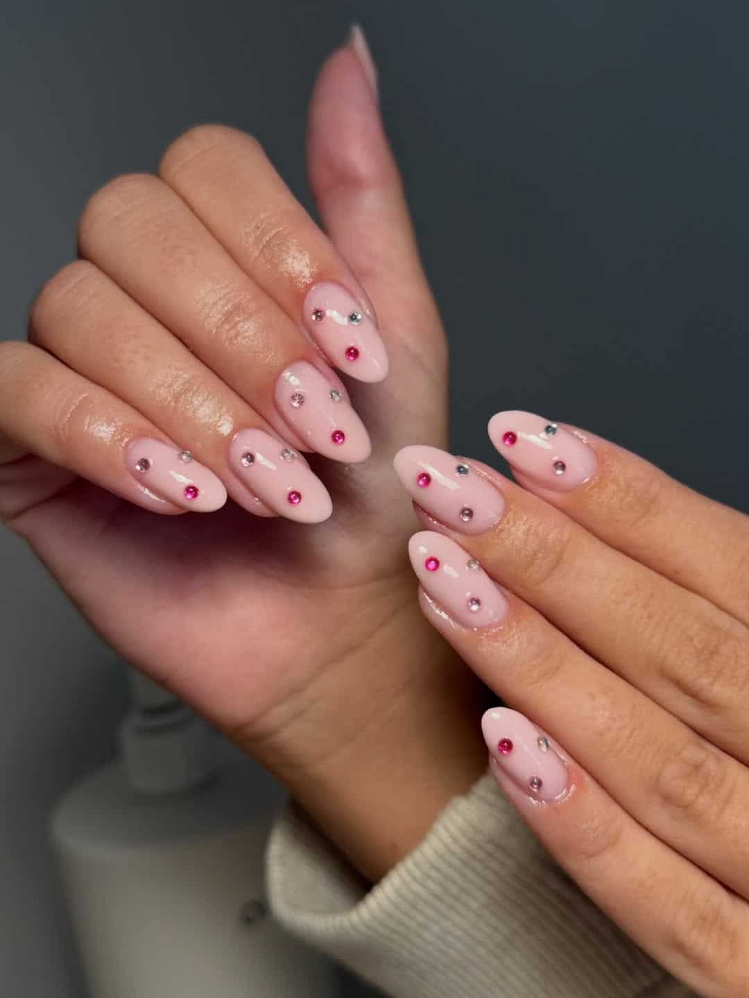 8. Baby Pink Almond Nails with Pink and Silver Rhinestones - nail ideas with gems