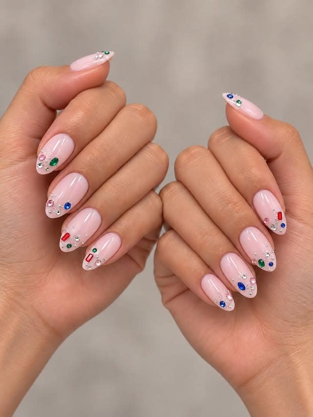 15. Soft Pink Almond Nails with Jewel-Encrusted French Tips - nail ideas with gems