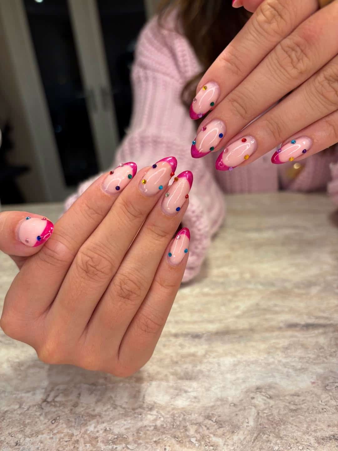19. Metallic Fuchsia French Tip Nails with Rainbow Gems - nail ideas with gems