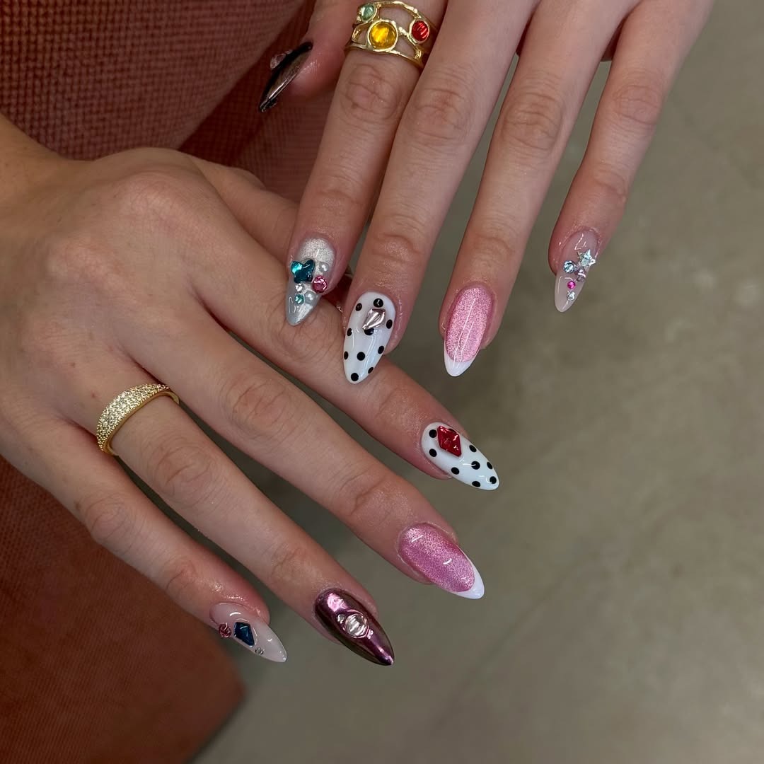 20. Pink Chrome and White Polka Dot Nails with Statement Gems - nail ideas with gems