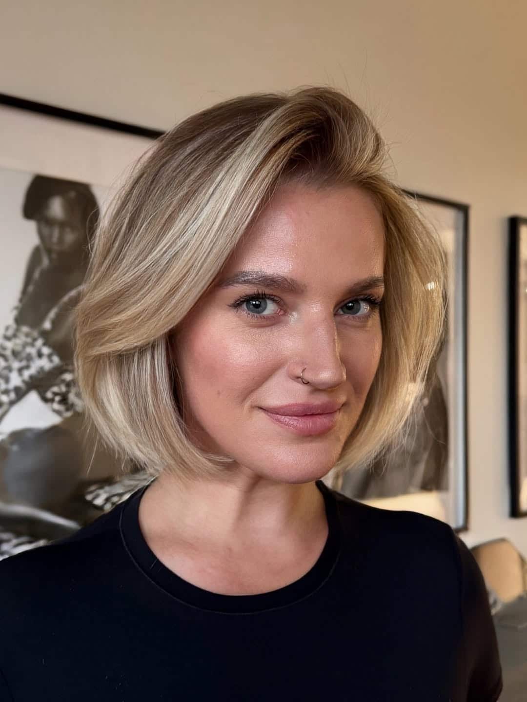 11. Champagne Blonde Rounded Bob with Voluminous Side Part - Short Blonde Hairstyles