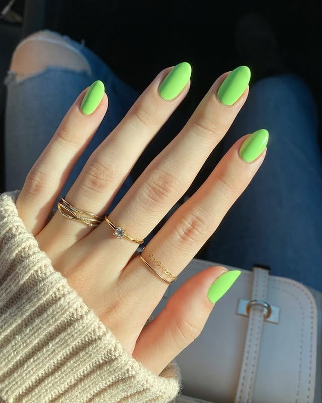 1. Glossy Neon Lime Green Almond Nails - neon green nail ideas
