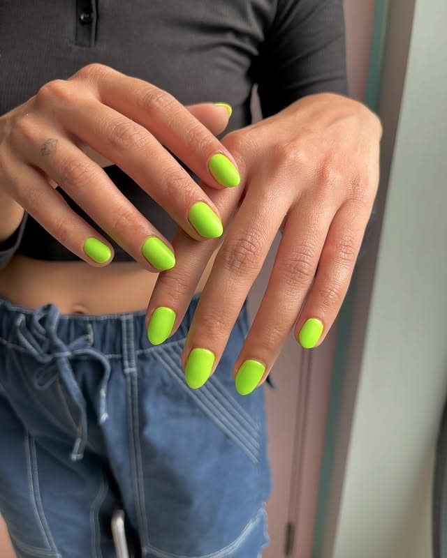 3. Bright Neon Yellow-Green Short Almond Nails - neon green nail ideas