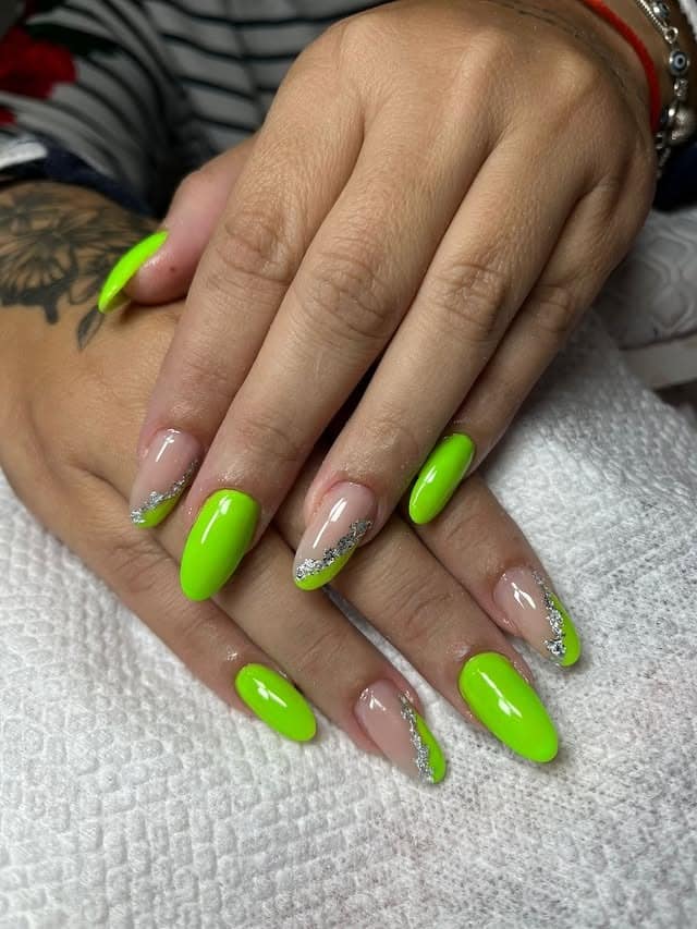 7. Neon Lime Green and Silver Glitter French Nails - neon green nail ideas
