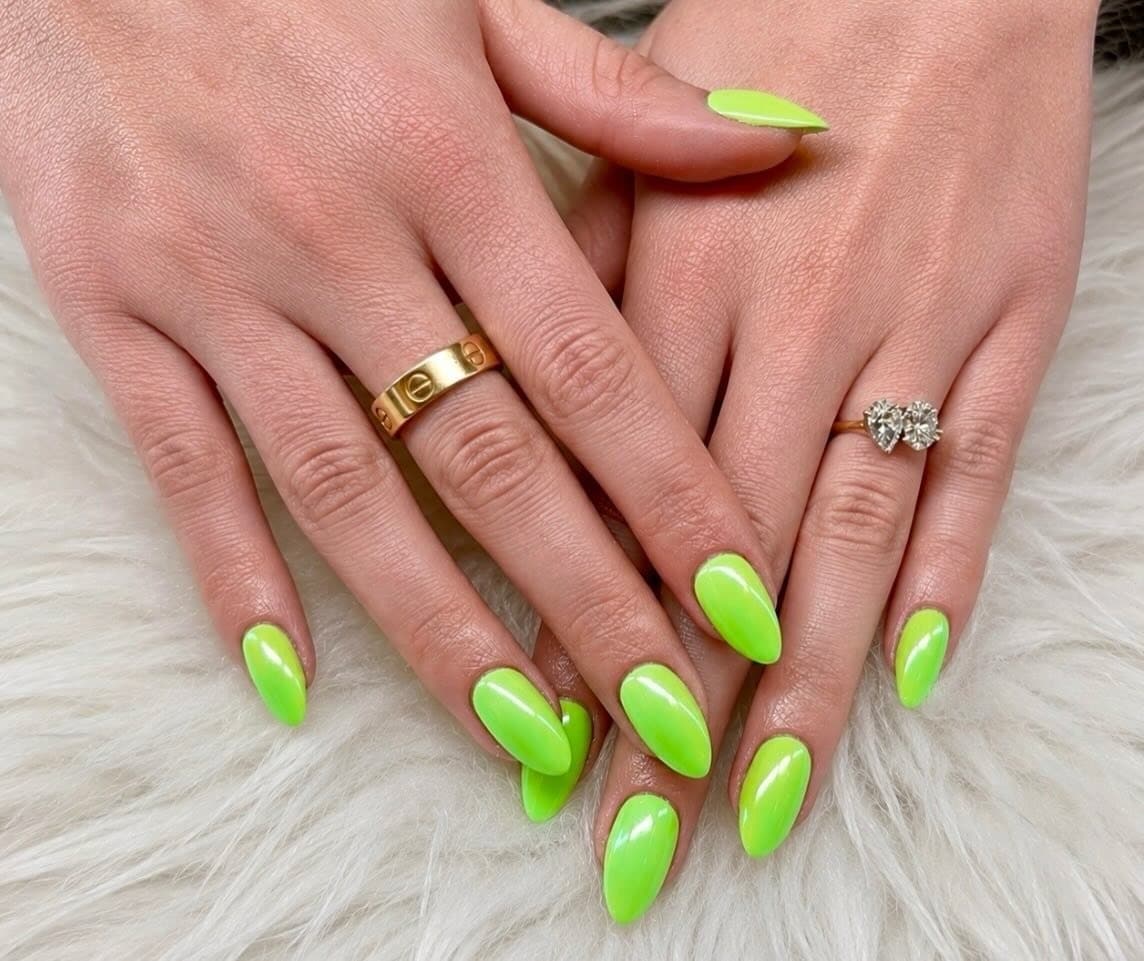 8. Light Neon Lime Green Glossy Almond Nails - neon green nail ideas