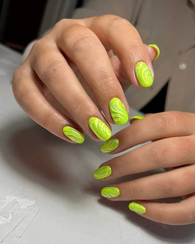 10. Neon Green and White Swirl Short Nails - neon green nail ideas