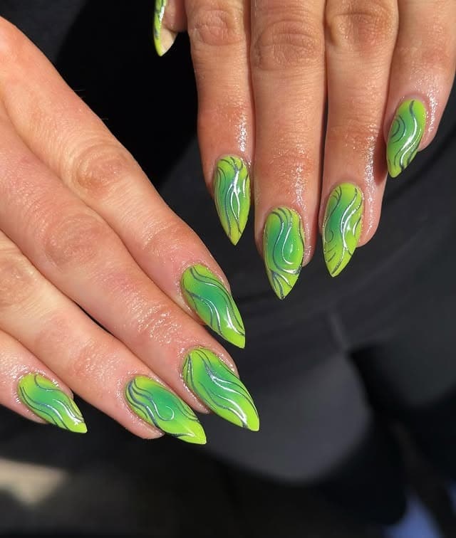 11. Neon Green and Silver Swirl Almond Nails - neon green nail ideas