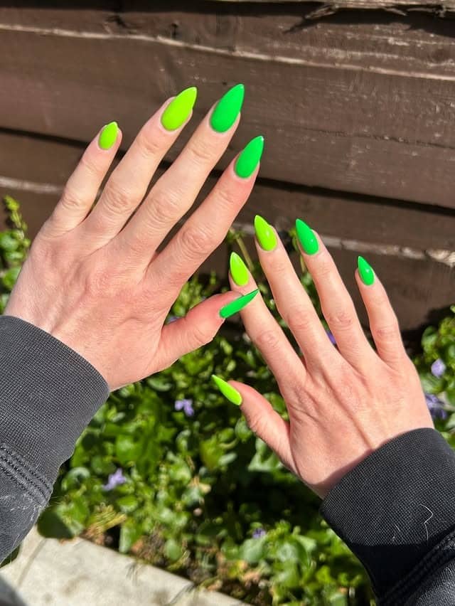 19. Two-Tone Neon Green Almond Nails - neon green nail ideas
