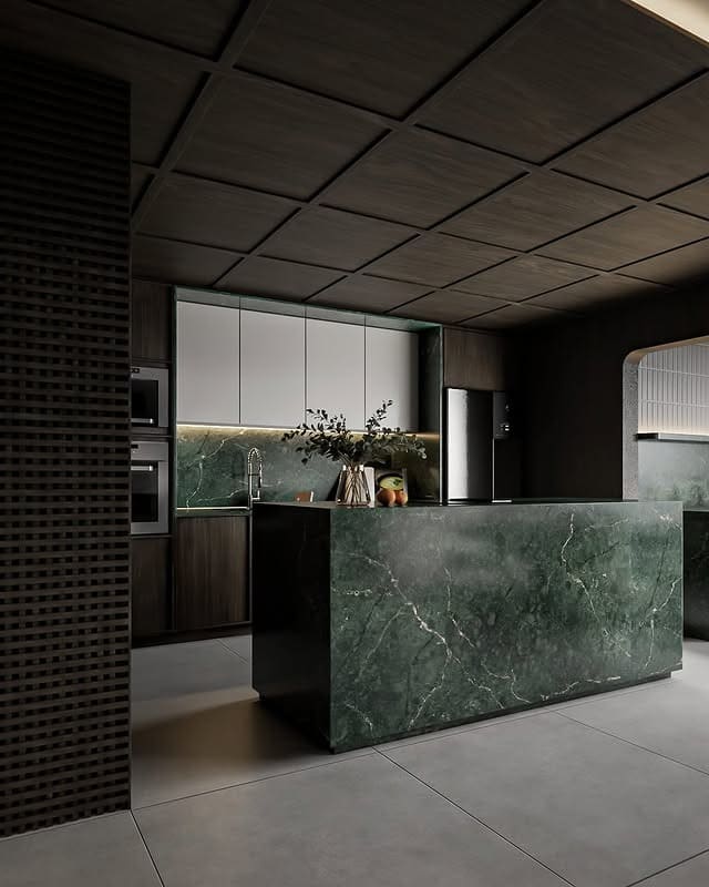 1. Modern Emerald Green Marble Kitchen with Dark Wood Ceiling - emerald green kitchen ideas