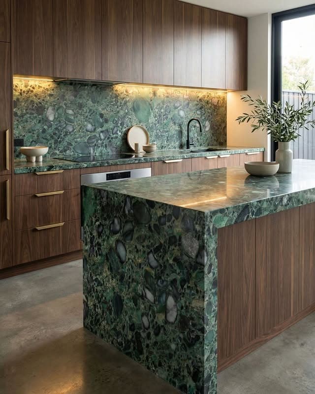 2. Elegant Emerald Green Stone Kitchen with Walnut Cabinets - emerald green kitchen ideas