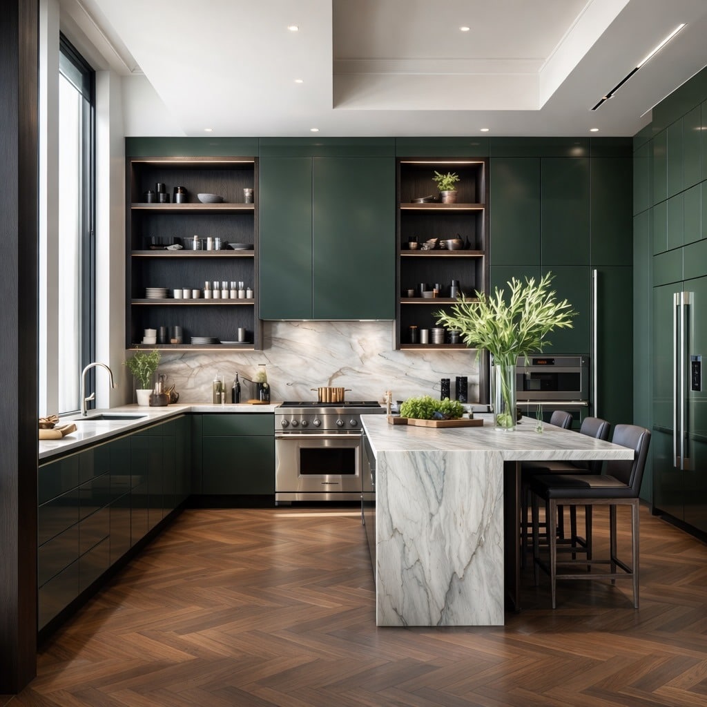 3. Contemporary Emerald Green Kitchen with White Marble Island - emerald green kitchen ideas