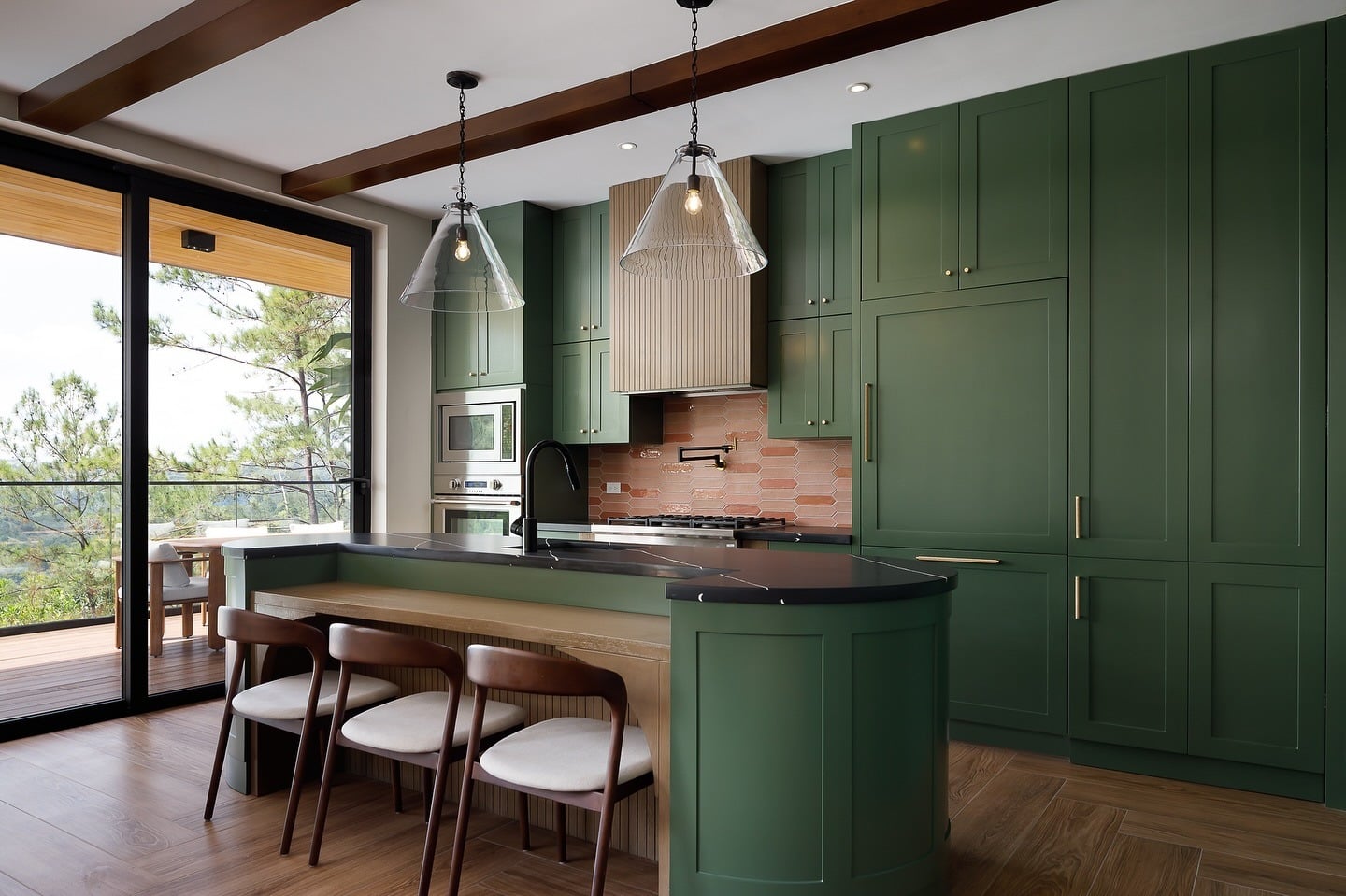 4. Rustic Modern Emerald Green Kitchen with Terracotta Backsplash - emerald green kitchen ideas