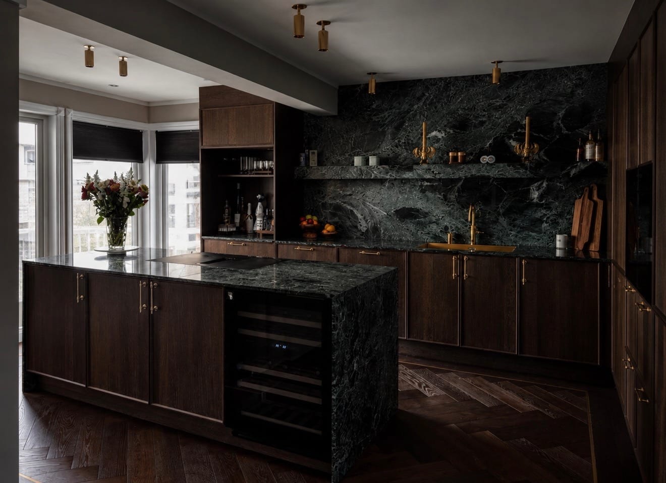 5. Luxury Dark Emerald Green Marble Kitchen with Brass Accents - emerald green kitchen ideas