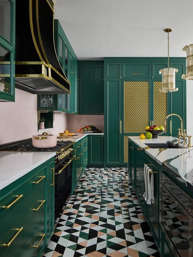 7. Glamorous Emerald Green Kitchen with Gold and Geometric Flooring - emerald green kitchen ideas
