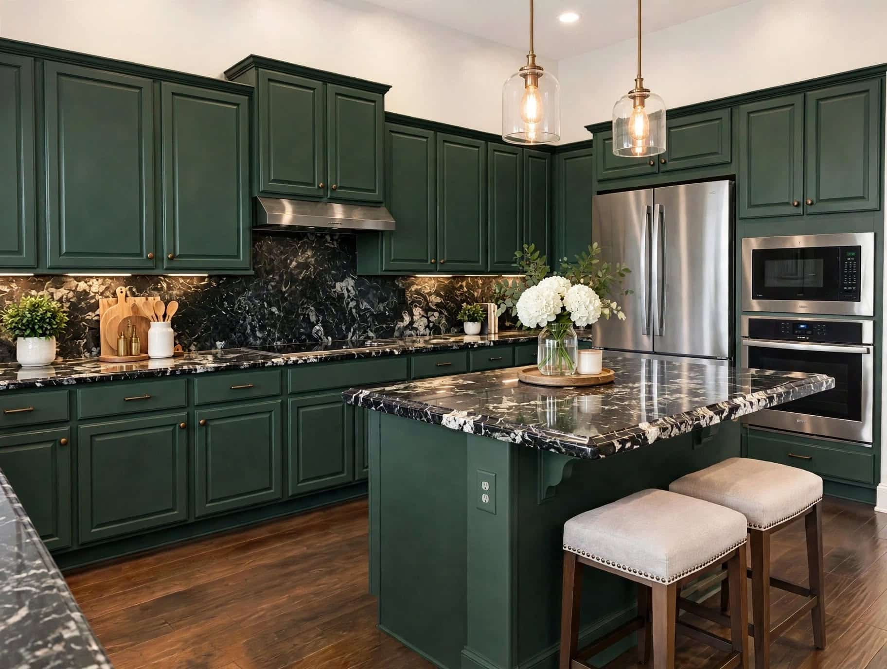 8. Classic Emerald Green Kitchen with Black Marble Countertops - emerald green kitchen ideas
