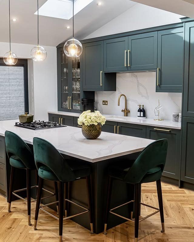 9. Sophisticated Emerald Green Kitchen with White Quartz Island - emerald green kitchen ideas