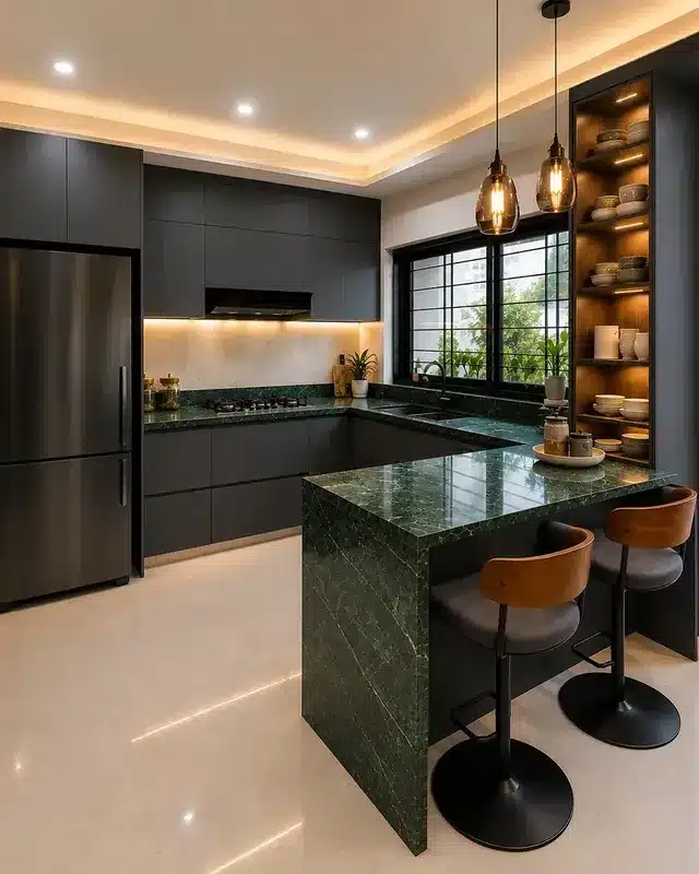 13. Modern Charcoal and Emerald Green Marble Kitchen - emerald green kitchen ideas