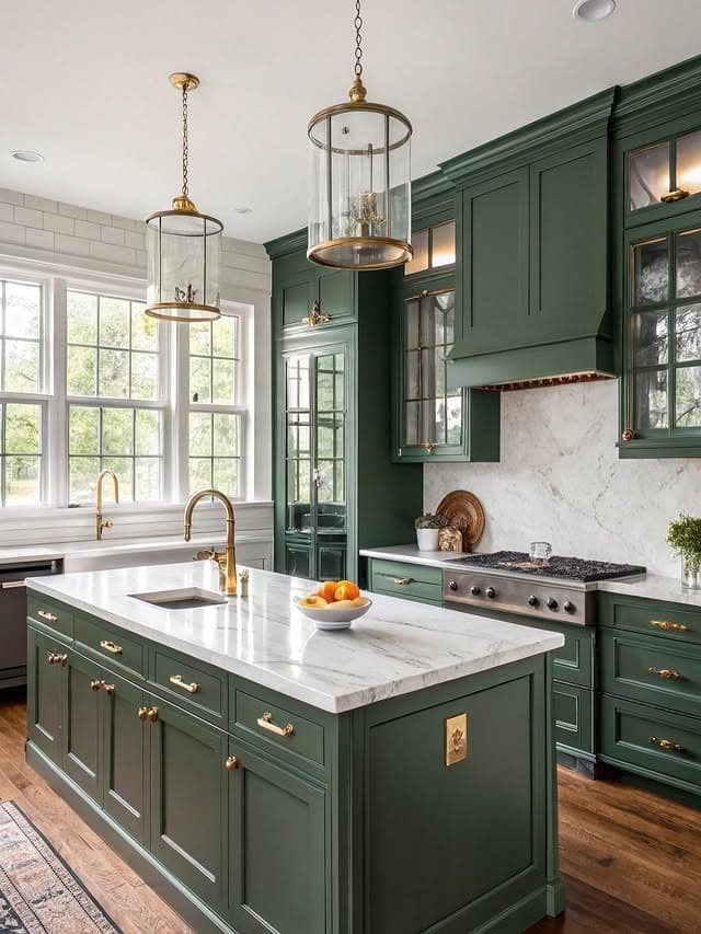 14. Traditional Emerald Green Kitchen with White Marble Island - emerald green kitchen ideas