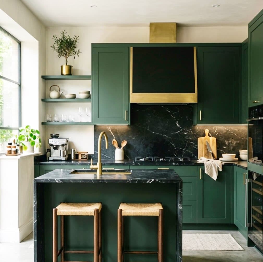 15. Modern Emerald Green Kitchen with Black Marble and Gold Details - emerald green kitchen ideas