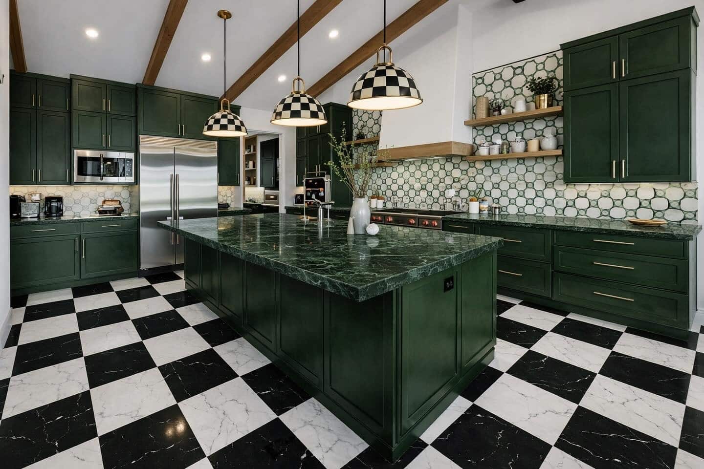 16. Bold Emerald Green Kitchen with Black and White Checkered Floor - emerald green kitchen ideas