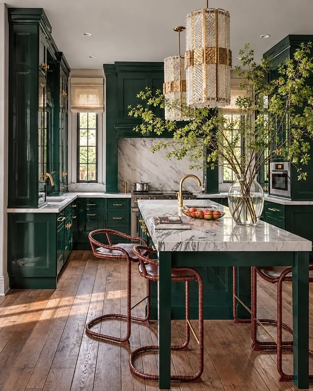 17. Luxury Emerald Green Kitchen with Crystal Pendant Lighting - emerald green kitchen ideas