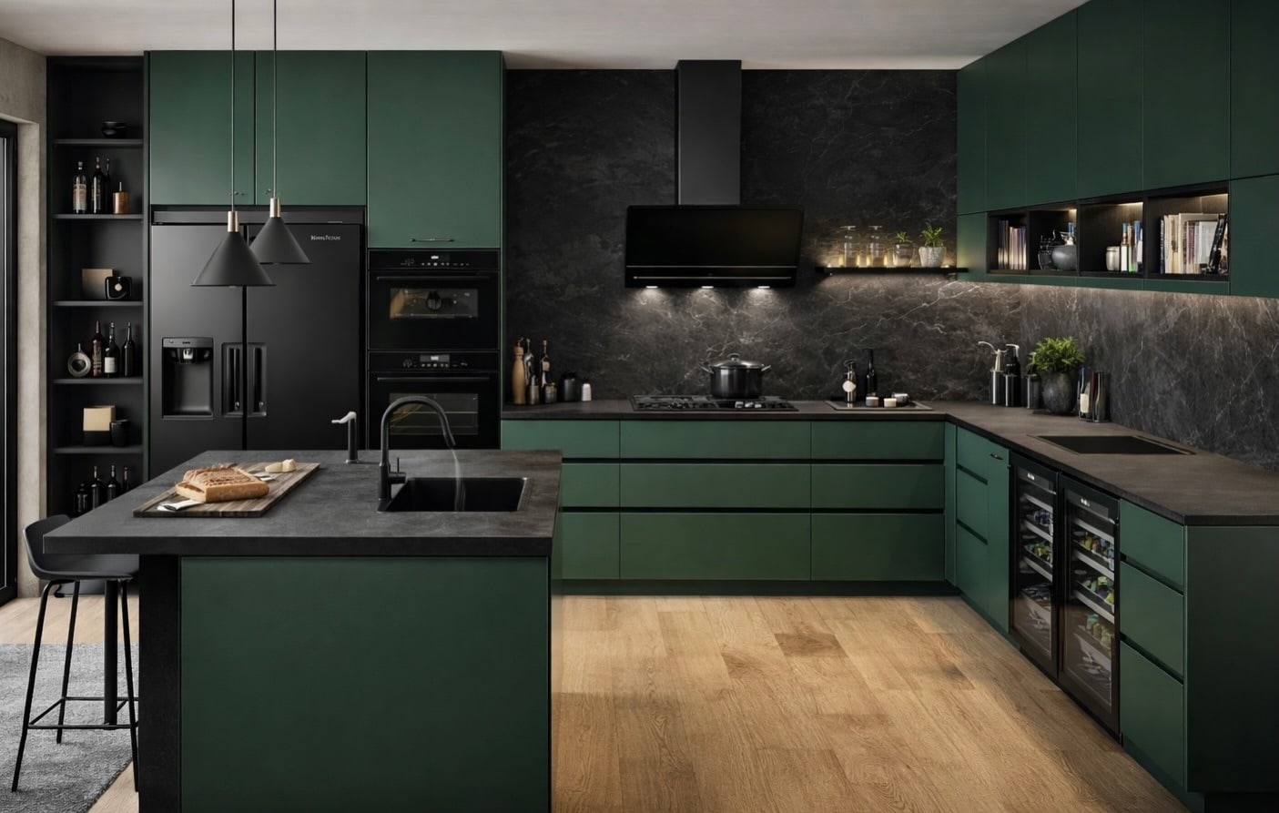 18. Minimalist Emerald Green Kitchen with Charcoal Stone Backsplash - emerald green kitchen ideas