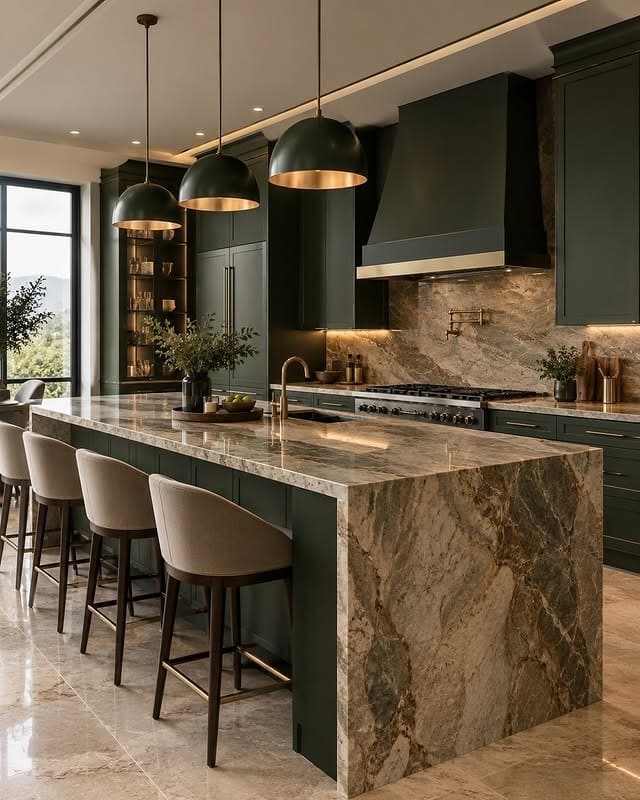 19. Sophisticated Emerald Green Kitchen with Beige Marble Waterfall Island - emerald green kitchen ideas