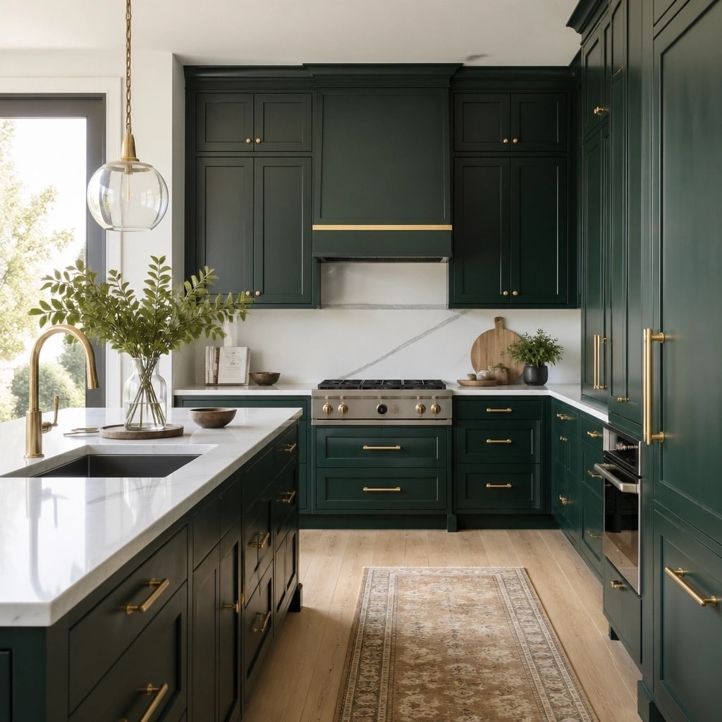 20. Classic Dark Emerald Green Kitchen with White Quartz Countertops - emerald green kitchen ideas