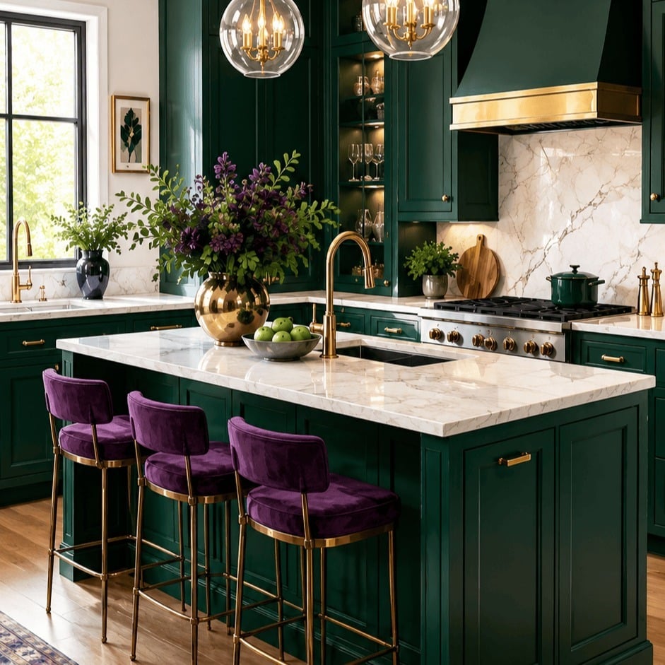 22. Luxury Emerald Green Kitchen with Purple Velvet Stools and Gold Accents - emerald green kitchen ideas